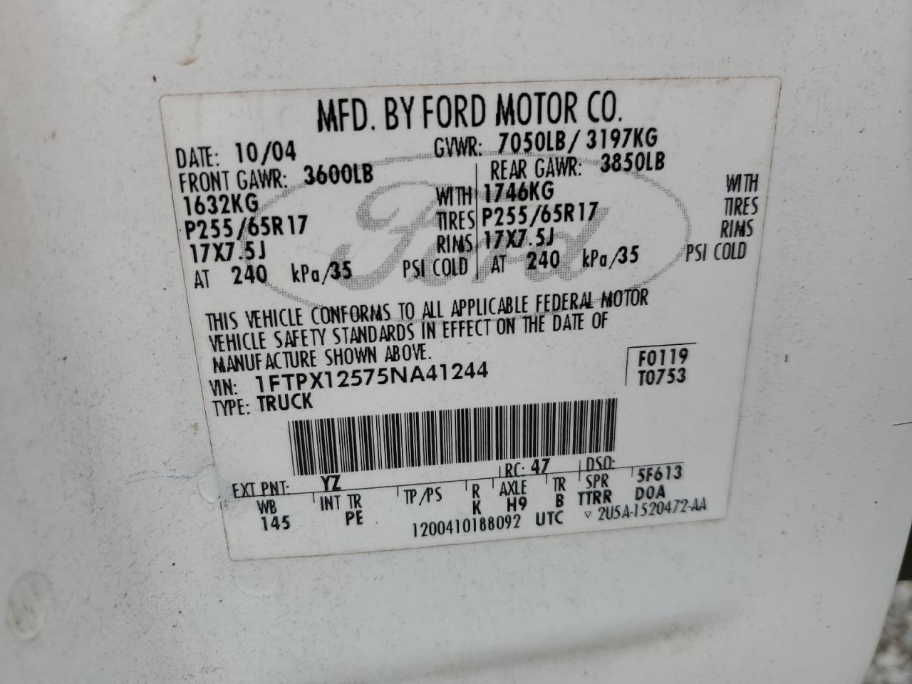 2005 Ford F150 VIN: 1FTPX12575NA41244 Lot: 56120104
