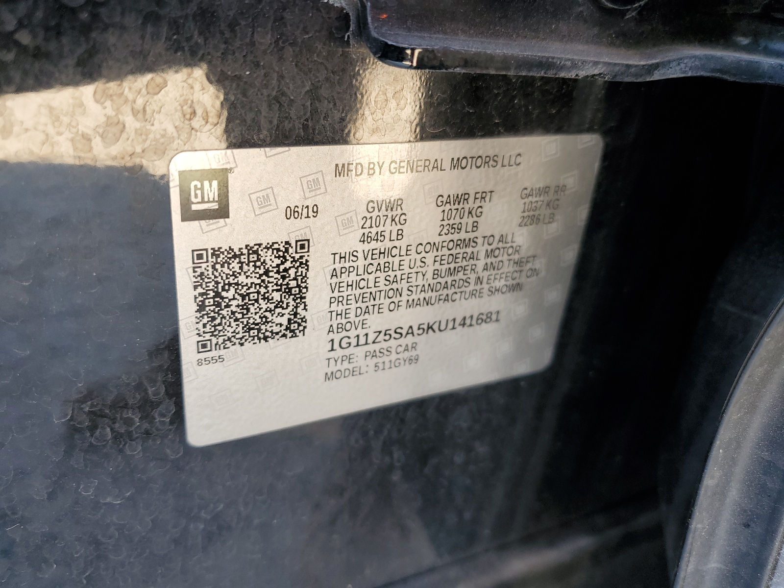 1G11Z5SA5KU141681 2019 Chevrolet Impala Lt