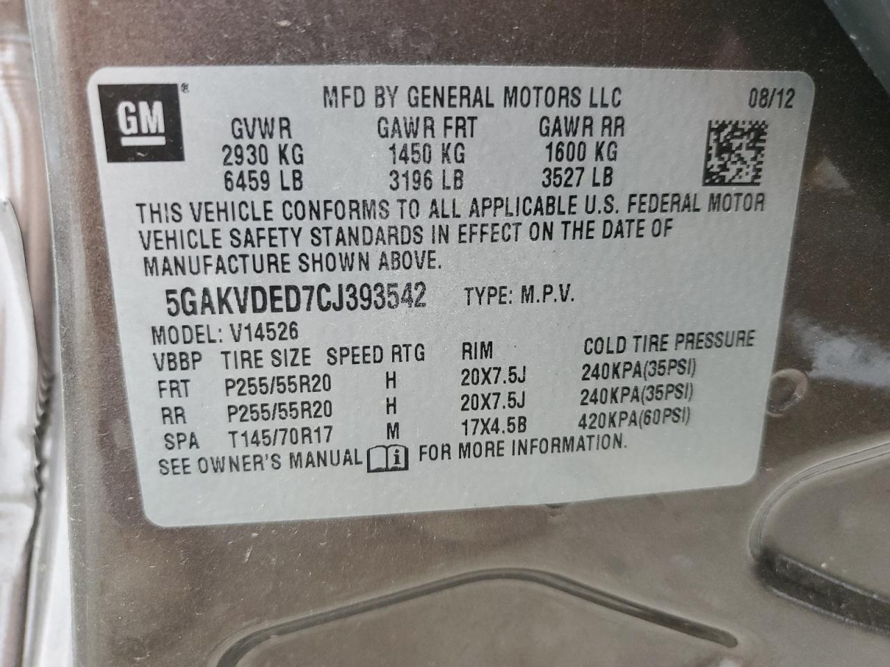 2012 Buick Enclave VIN: 5GAKVDED7CJ393542 Lot: 57059854