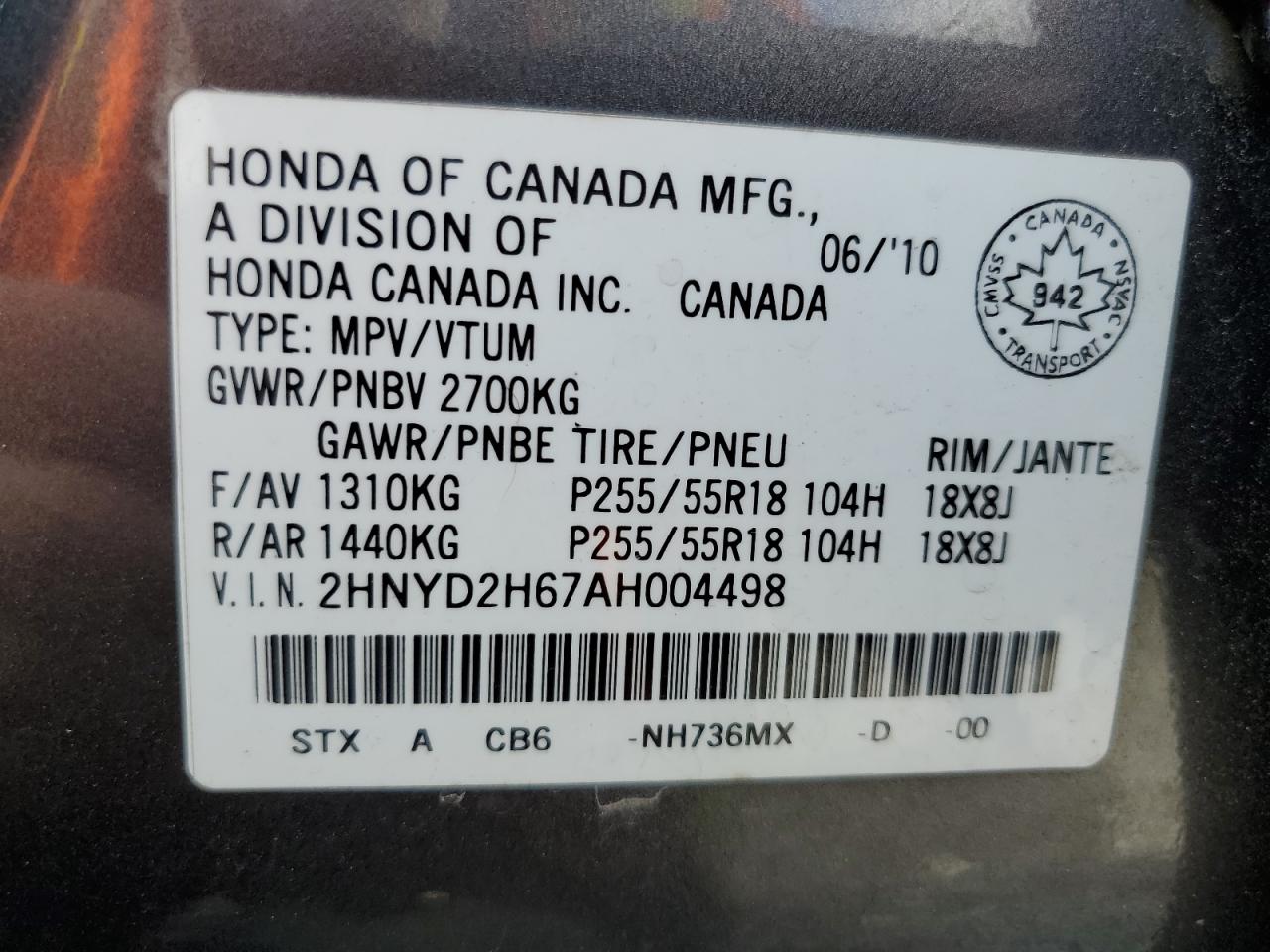 2010 Acura Mdx Technology VIN: 2HNYD2H67AH004498 Lot: 54025754