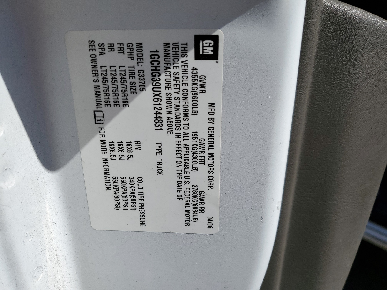 1GCHG39UX61244831 2006 Chevrolet Express G3500