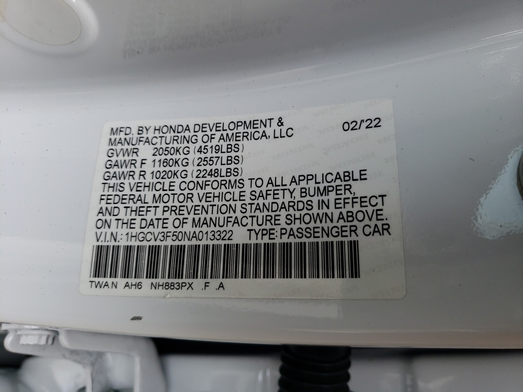 1HGCV3F50NA013322 2022 Honda Accord Hybrid Exl