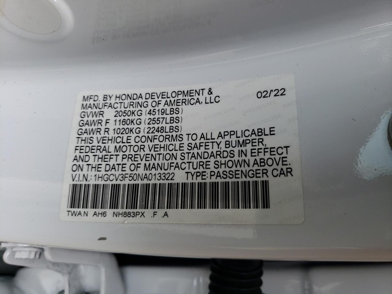 2022 Honda Accord Hybrid Exl VIN: 1HGCV3F50NA013322 Lot: 55360424