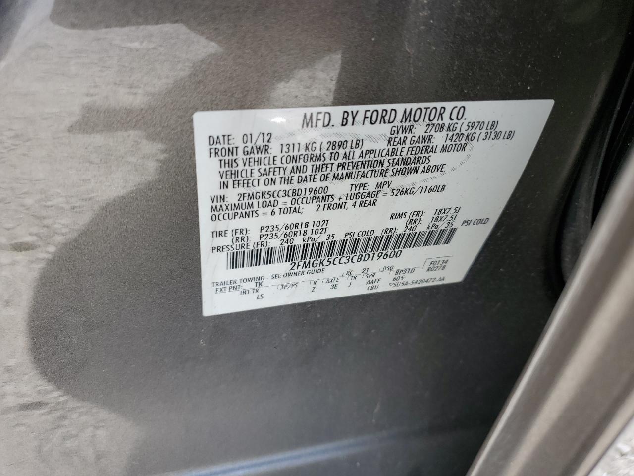 2012 Ford Flex Sel VIN: 2FMGK5CC3CBD19600 Lot: 56941344