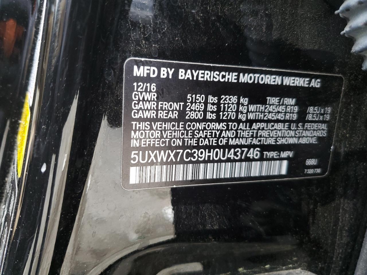 2017 BMW X3 xDrive35I VIN: 5UXWX7C39H0U43746 Lot: 53856694