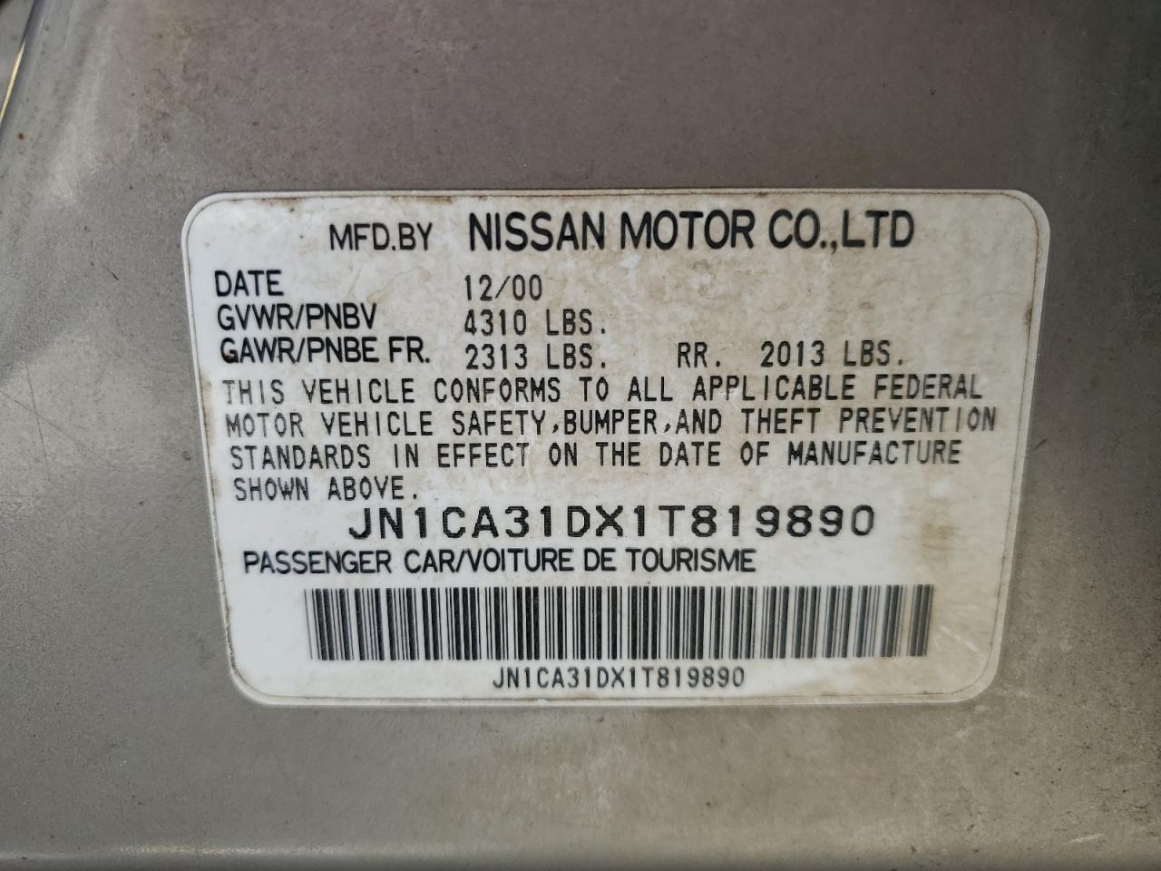 2001 Nissan Maxima Gxe VIN: JN1CA31DX1T819890 Lot: 54052054