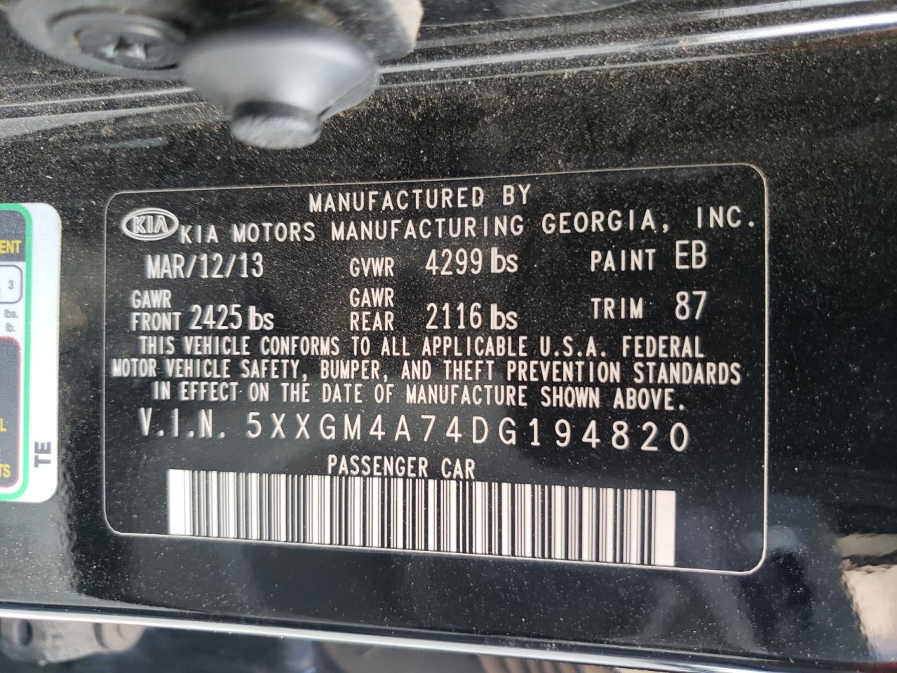 5XXGM4A74DG194820 2013 Kia Optima Lx