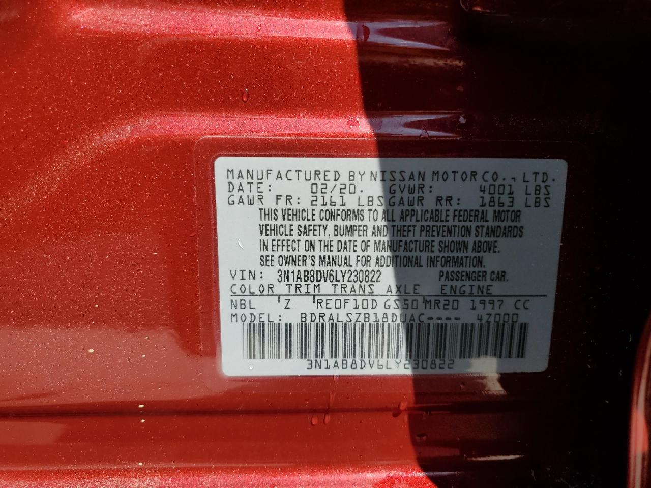 2020 Nissan Sentra Sr VIN: 3N1AB8DV6LY230822 Lot: 53843054