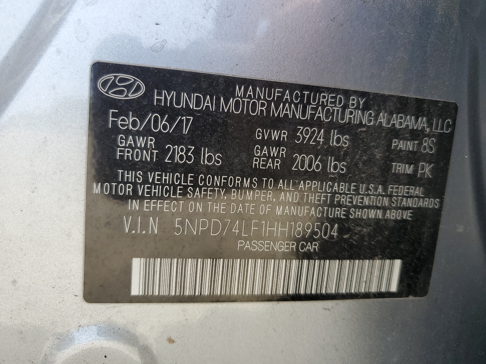 5NPD74LF1HH189504 2017 Hyundai Elantra Se