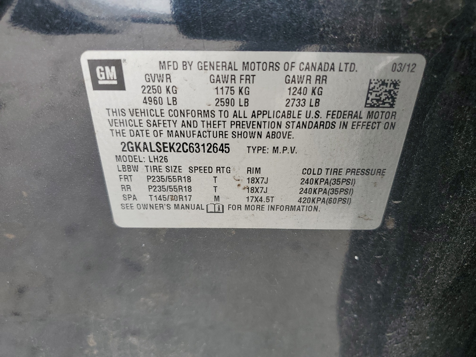 2GKALSEK2C6312645 2012 GMC Terrain Sle