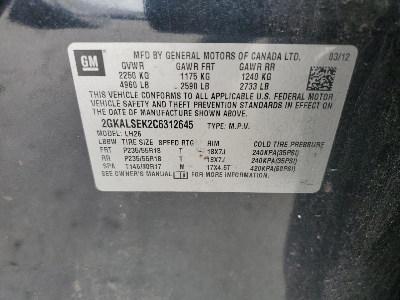 2012 GMC Terrain Sle VIN: 2GKALSEK2C6312645 Lot: 56399414