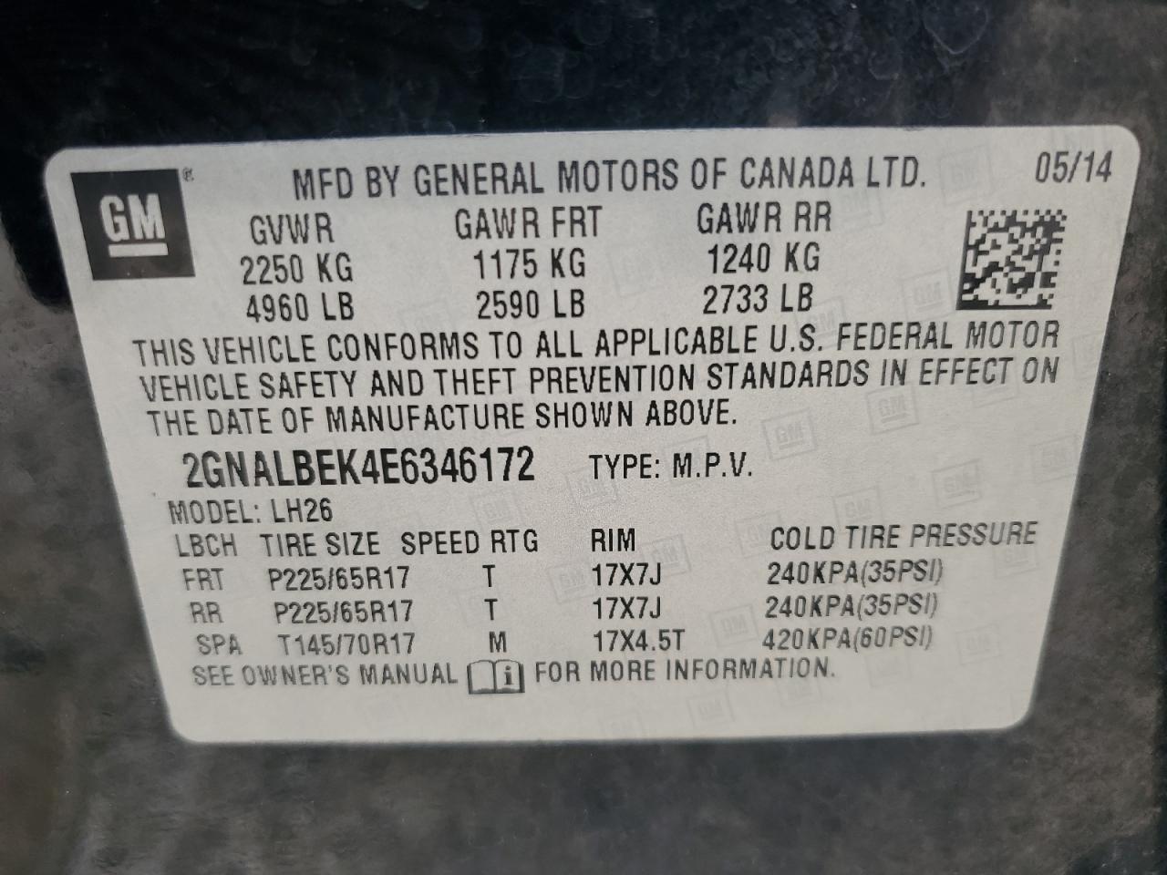 2GNALBEK4E6346172 2014 Chevrolet Equinox Lt