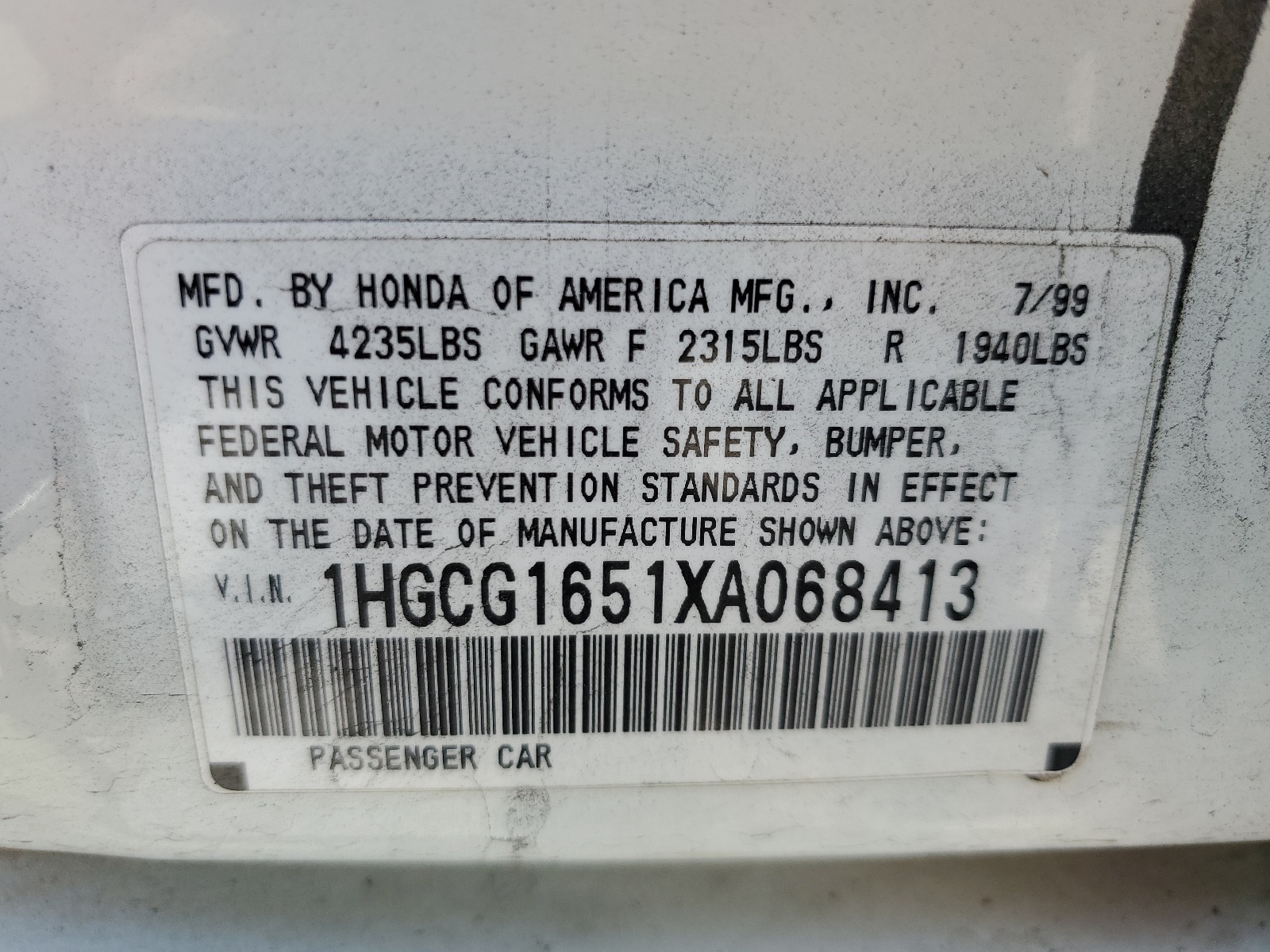 1HGCG1651XA068413 1999 Honda Accord Ex