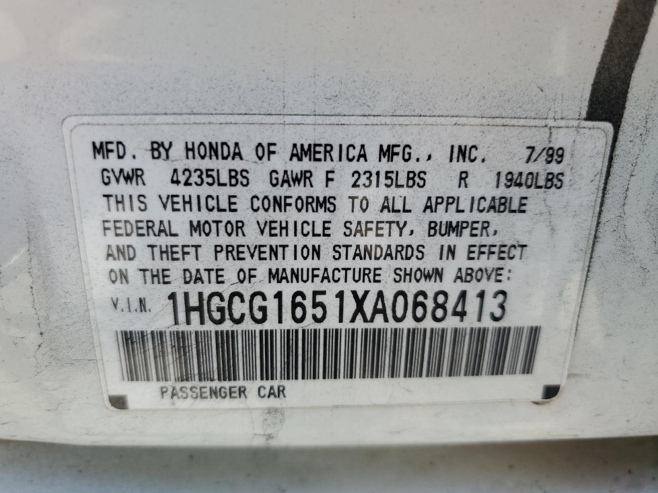 1999 Honda Accord Ex VIN: 1HGCG1651XA068413 Lot: 56139304