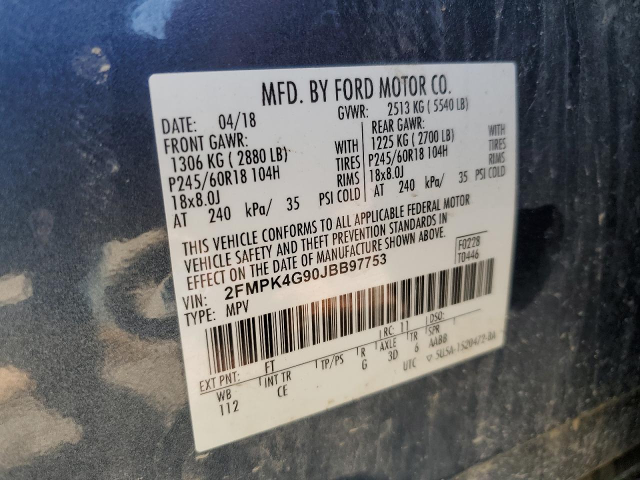 2018 Ford Edge Se VIN: 2FMPK4G90JBB97753 Lot: 55200744