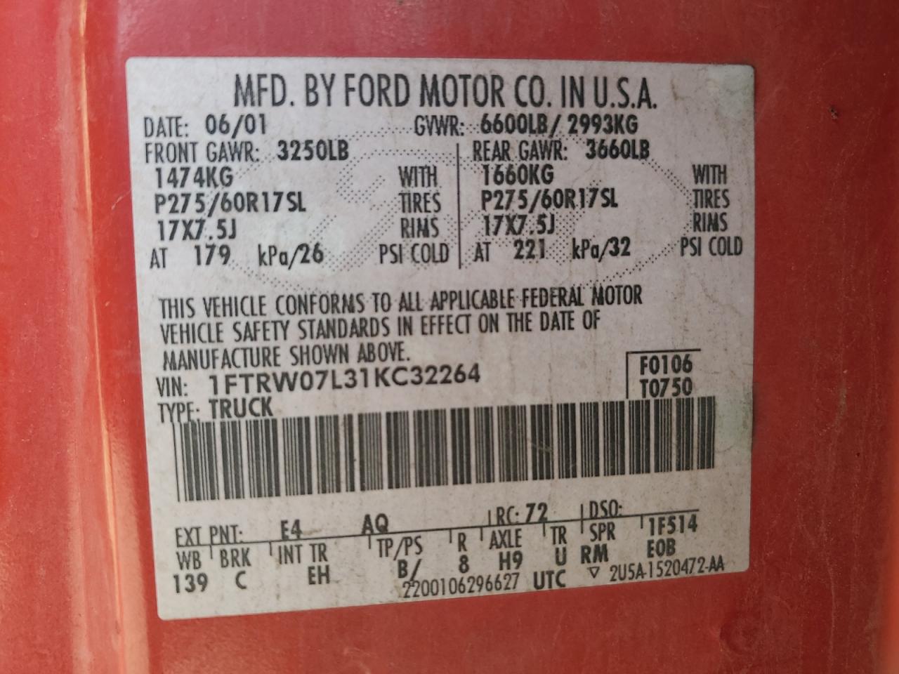 2001 Ford F150 Supercrew VIN: 1FTRW07L31KC32264 Lot: 53536904