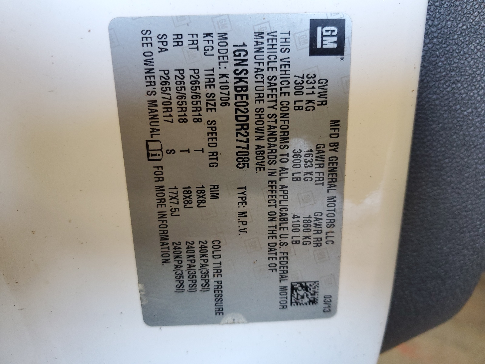 1GNSKBE02DR277085 2013 Chevrolet Tahoe K1500 Lt