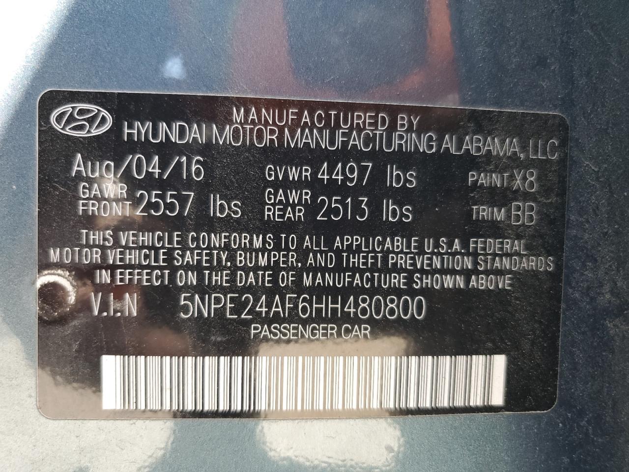 5NPE24AF6HH480800 2017 Hyundai Sonata Se