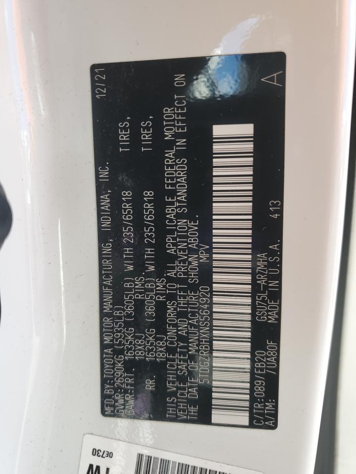 2022 Toyota Highlander Xle VIN: 5TDGZRBHXNS564920 Lot: 56445904