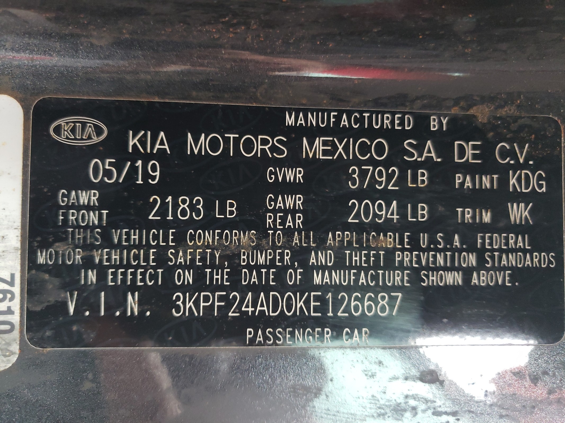 3KPF24AD0KE126687 2019 Kia Forte Fe