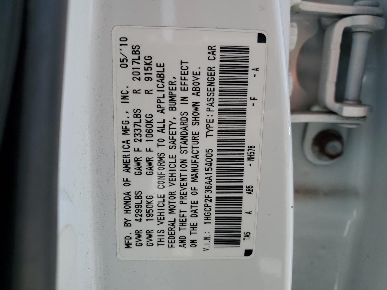 1HGCP2F36AA154005 2010 Honda Accord Lx