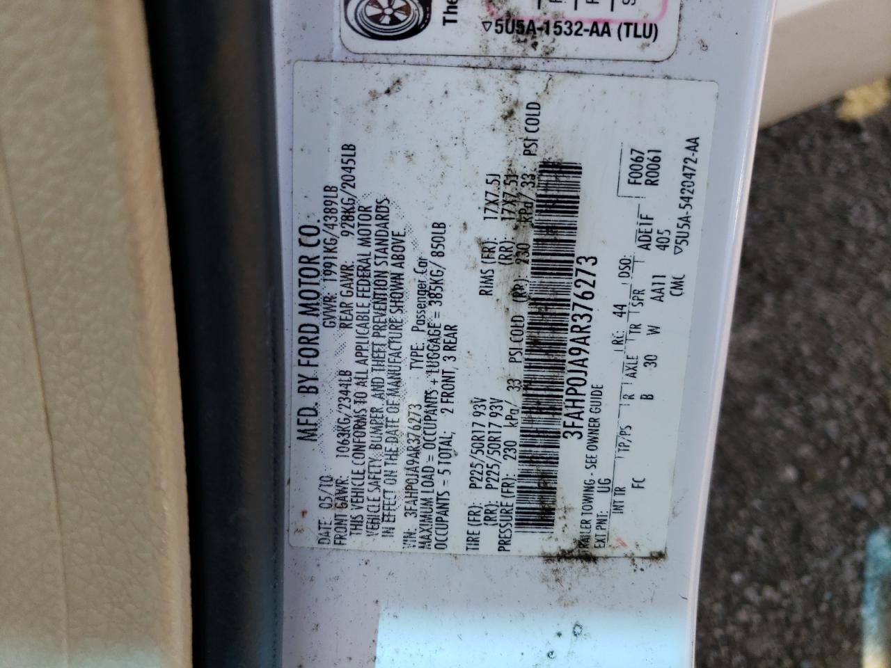 2010 Ford Fusion Sel VIN: 3FAHP0JA9AR376273 Lot: 56079244