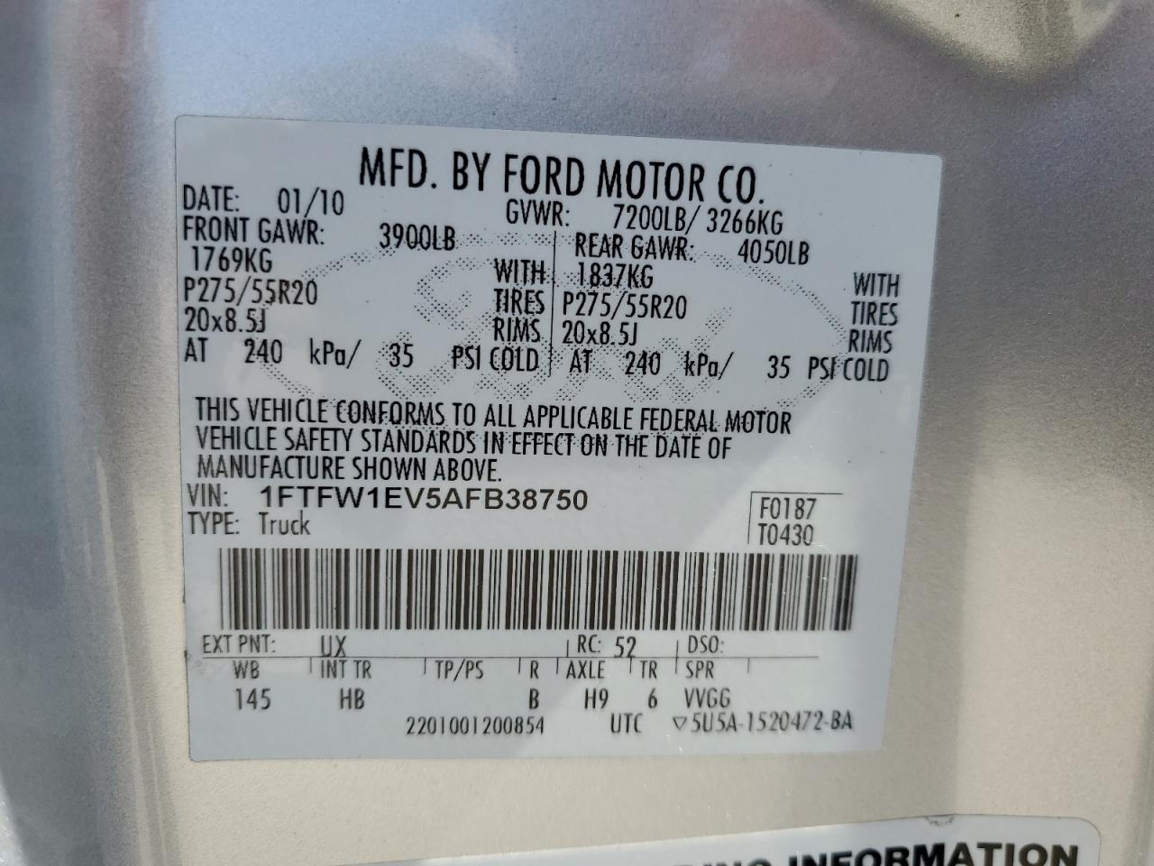 2010 Ford F150 Supercrew VIN: 1FTFW1EV5AFB38750 Lot: 54794014