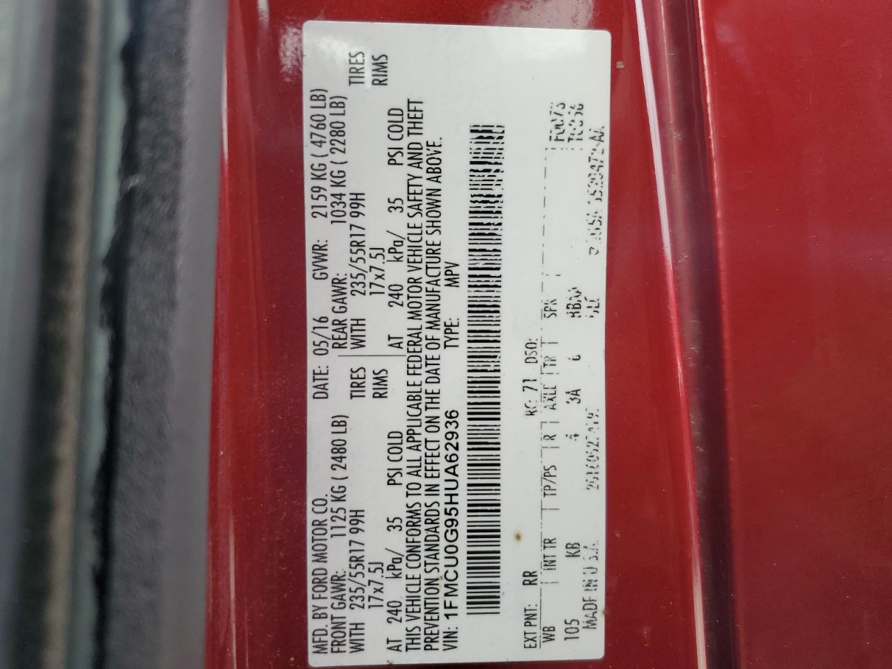 2017 Ford Escape Se VIN: 1FMCU0G95HUA62936 Lot: 54714824