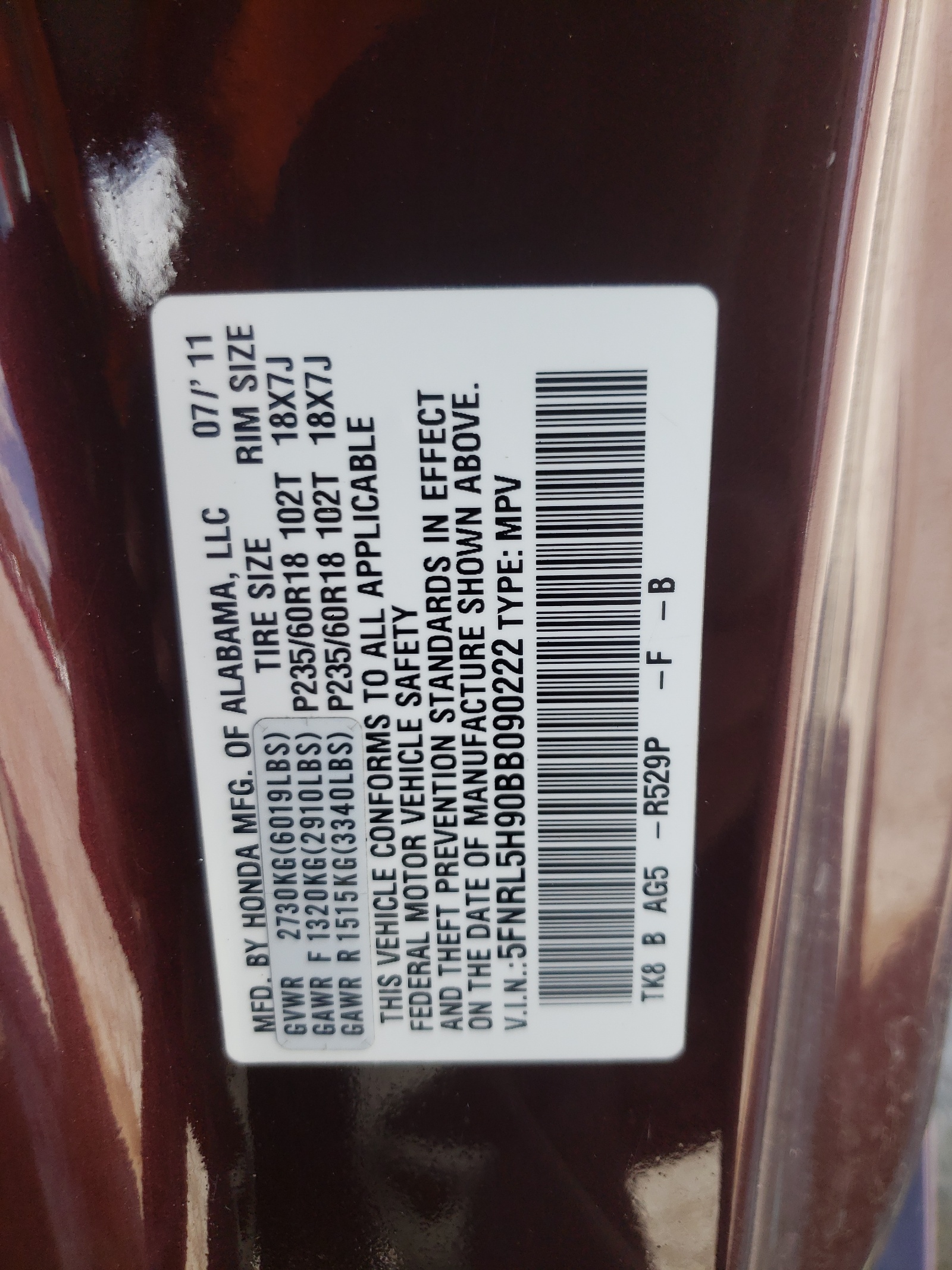 5FNRL5H90BB090222 2011 Honda Odyssey Touring