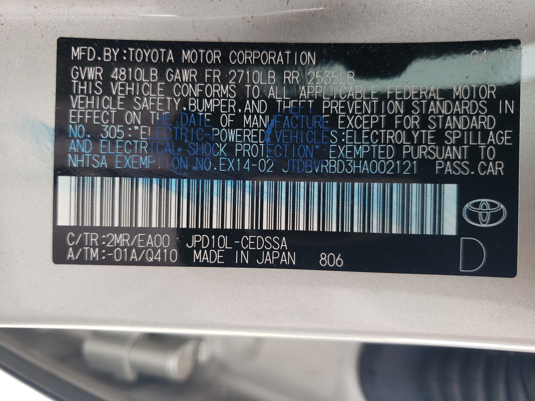 JTDBVRBD3HA002121 2017 Toyota Mirai