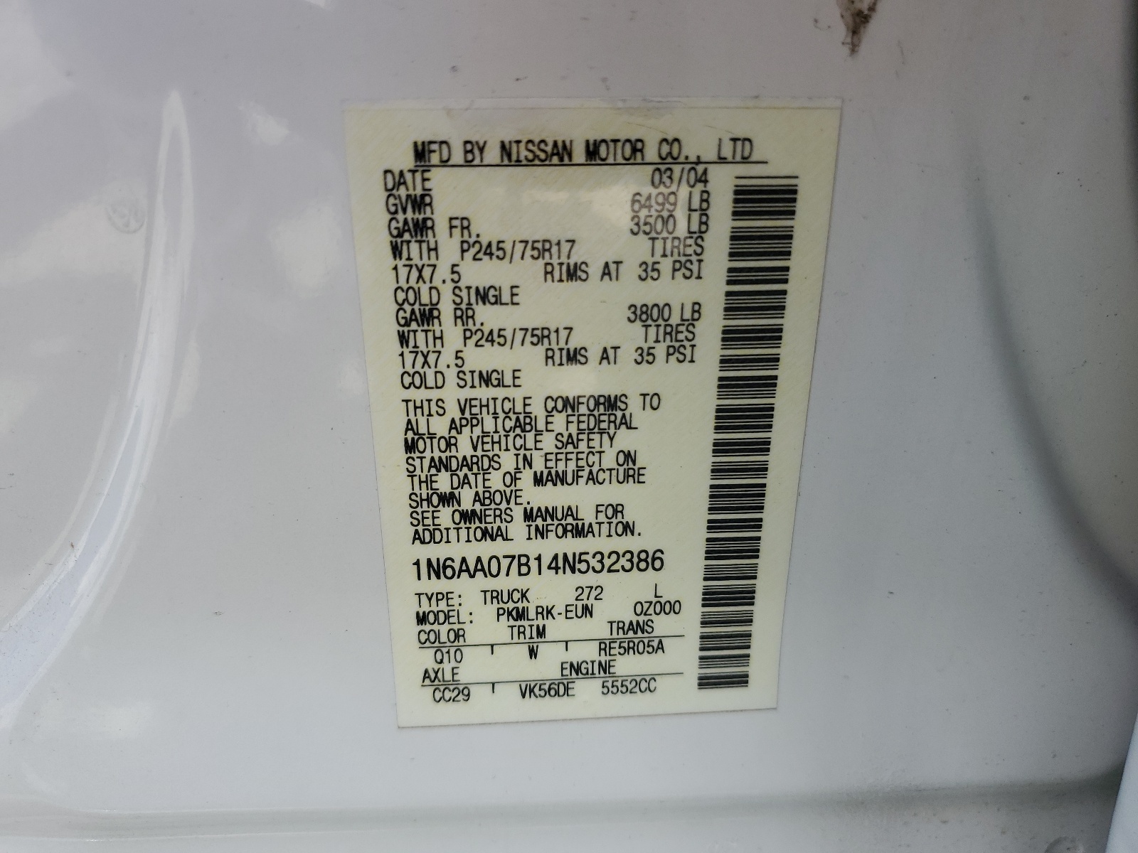 1N6AA07B14N532386 2004 Nissan Titan Xe