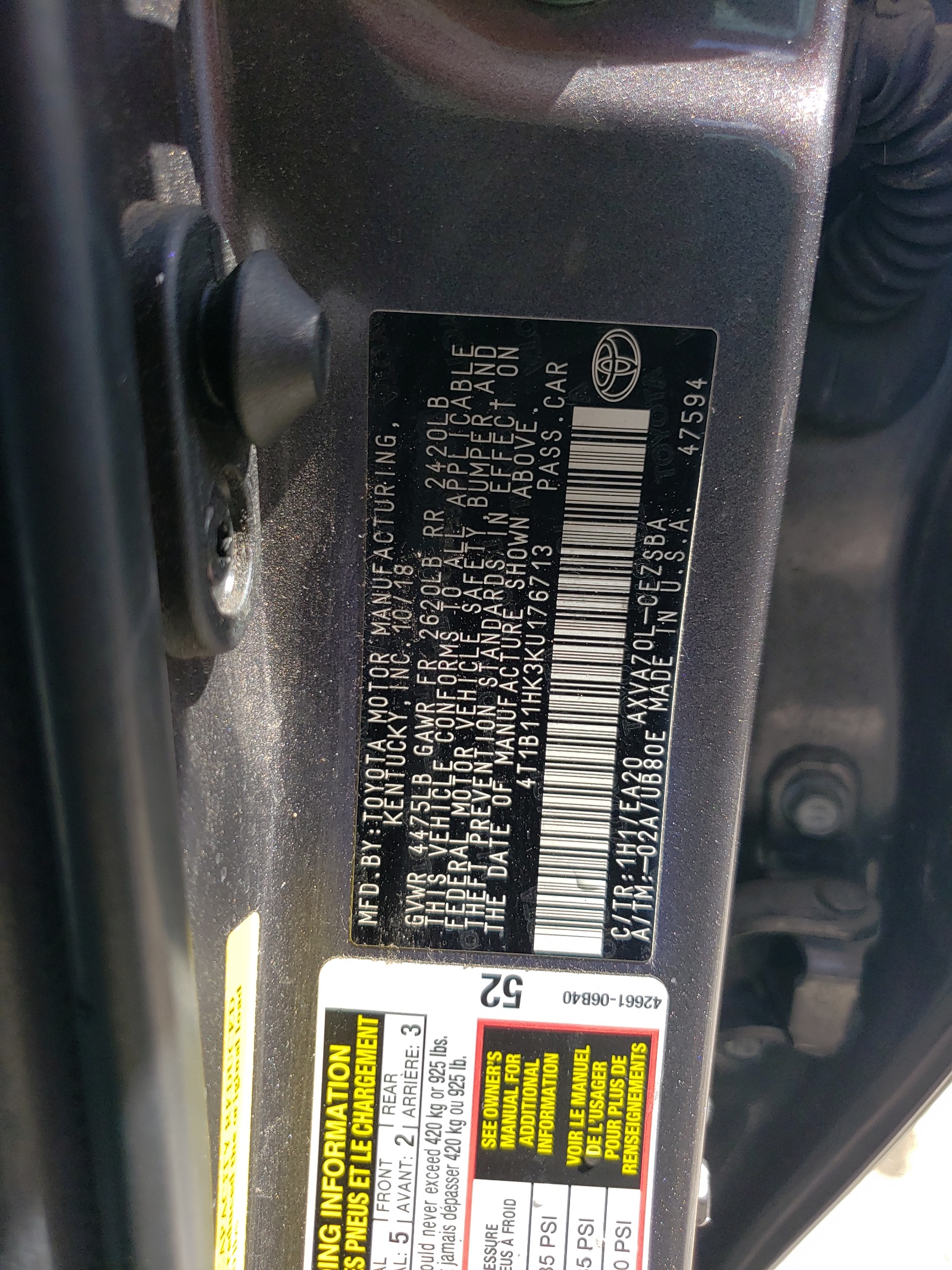 4T1B11HK3KU176713 2019 Toyota Camry L