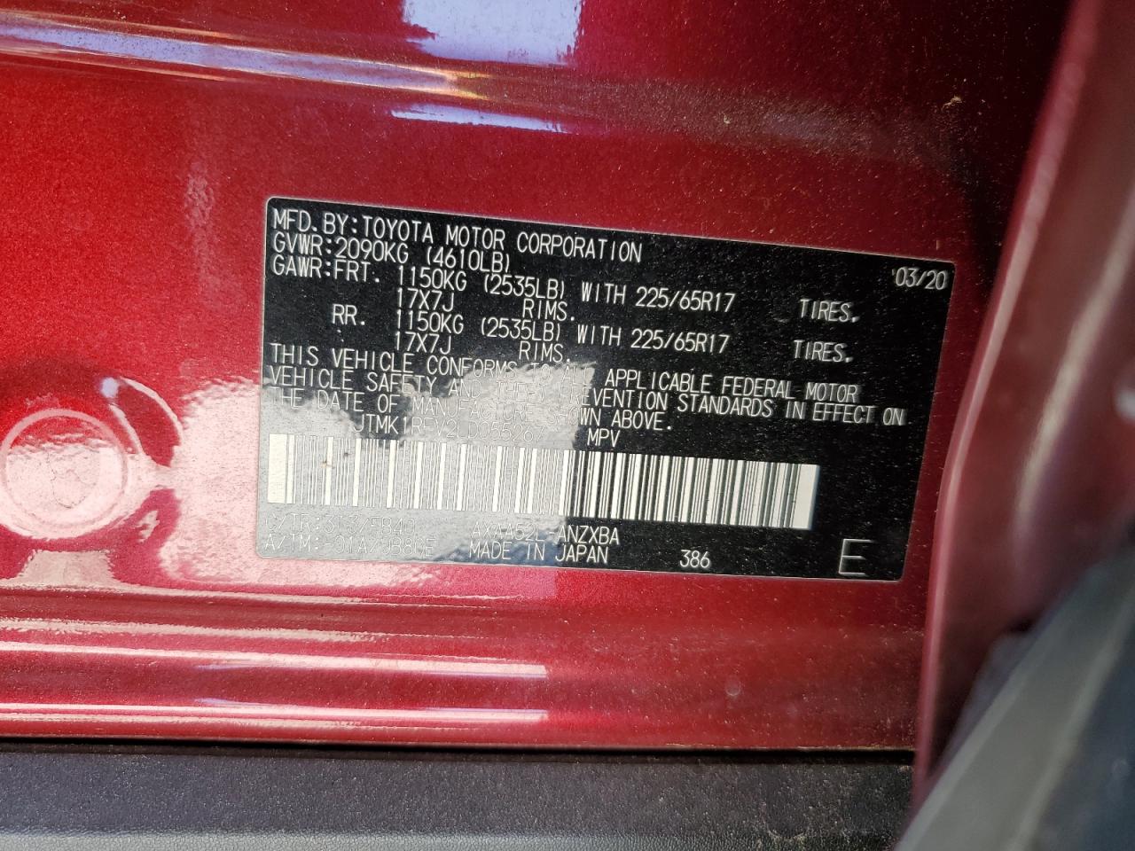 2020 Toyota Rav4 Le VIN: JTMK1RFV2LD055267 Lot: 56645554