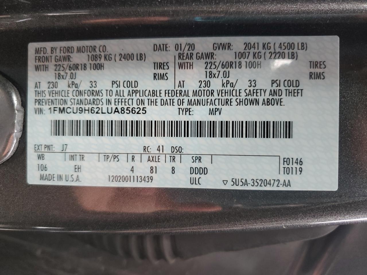 2020 Ford Escape Sel VIN: 1FMCU9H62LUA85625 Lot: 54531884