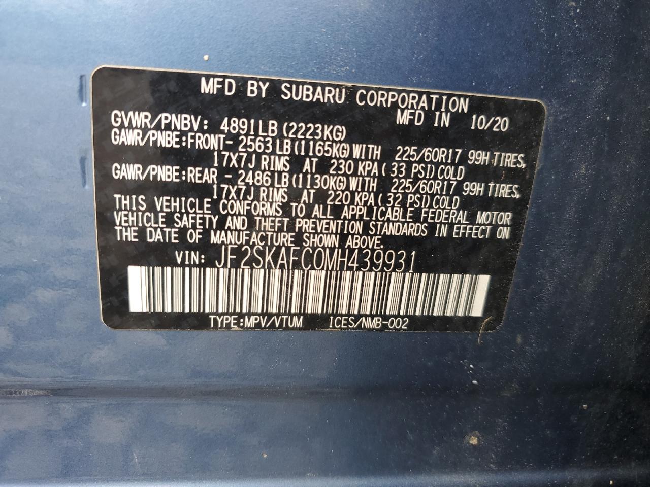 2021 Subaru Forester Premium VIN: JF2SKAFC0MH439931 Lot: 56488744