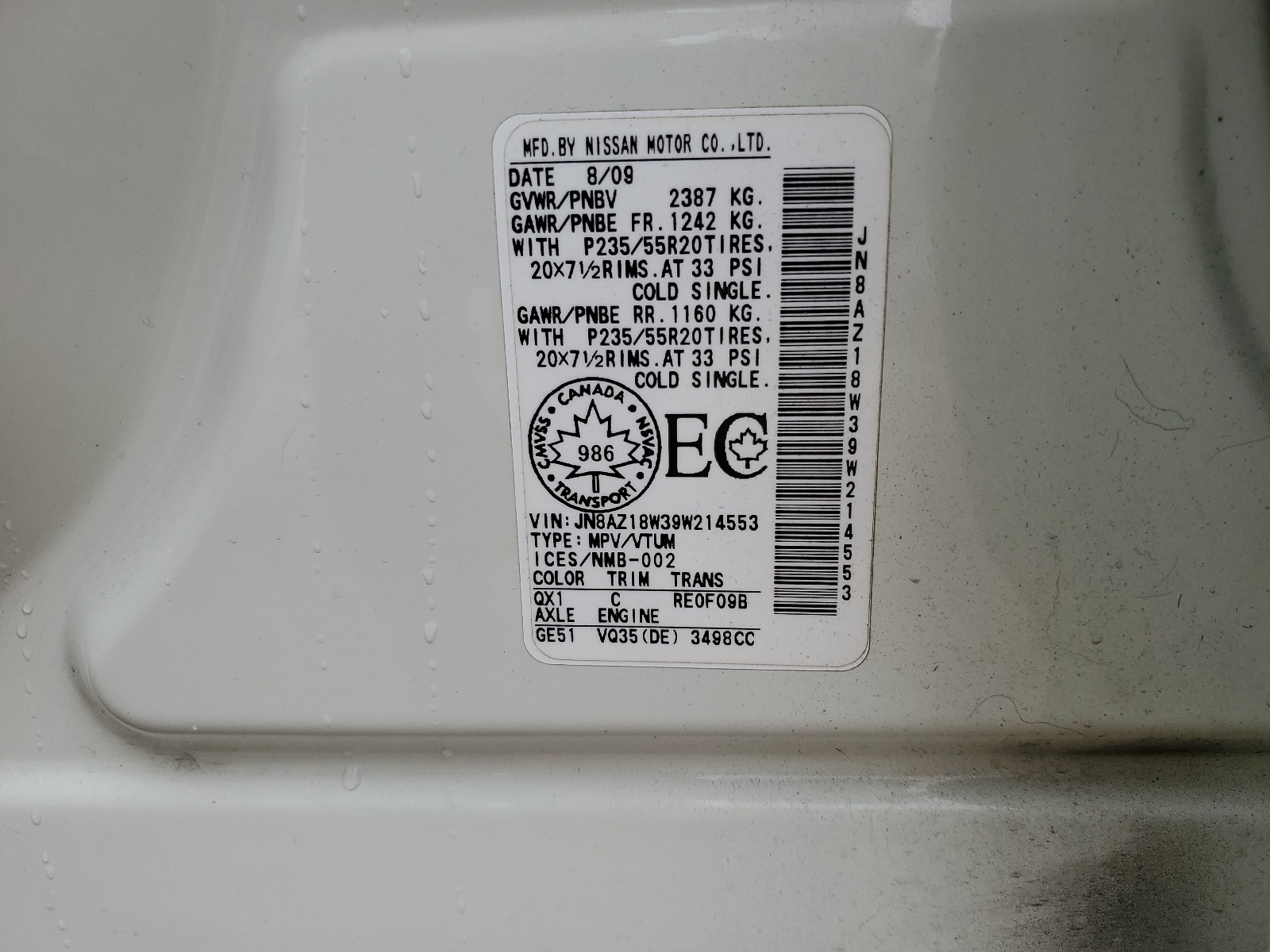 JN8AZ18W39W214553 2009 Nissan Murano S