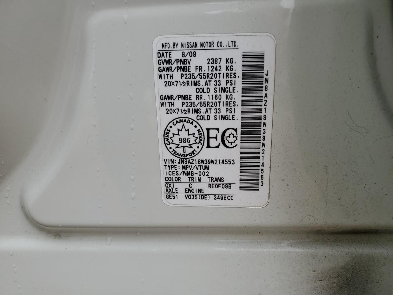 2009 Nissan Murano S VIN: JN8AZ18W39W214553 Lot: 56098834