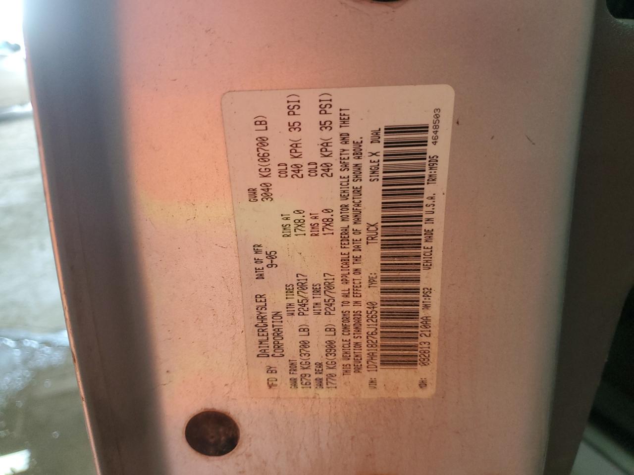 2006 Dodge Ram 1500 St VIN: 1D7HA18276J126540 Lot: 55714774