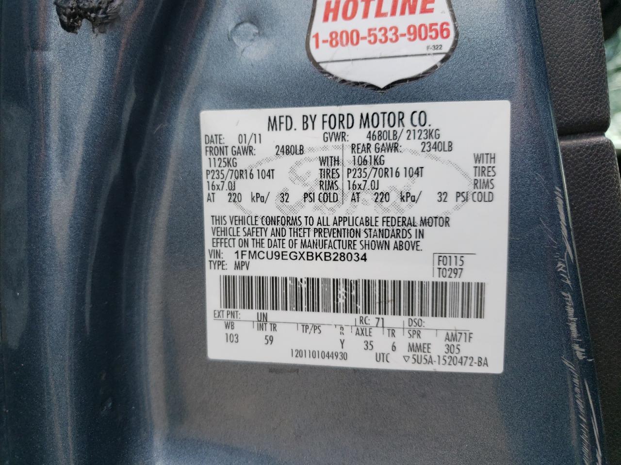 2011 Ford Escape Limited VIN: 1FMCU9EGXBKB28034 Lot: 54400934