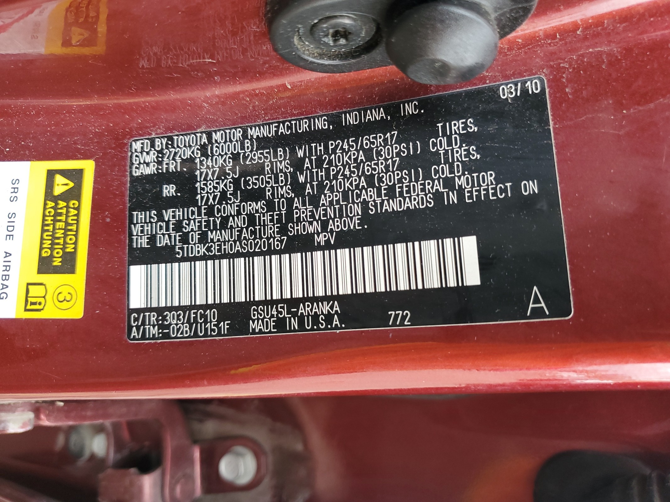 5TDBK3EH0AS020167 2010 Toyota Highlander