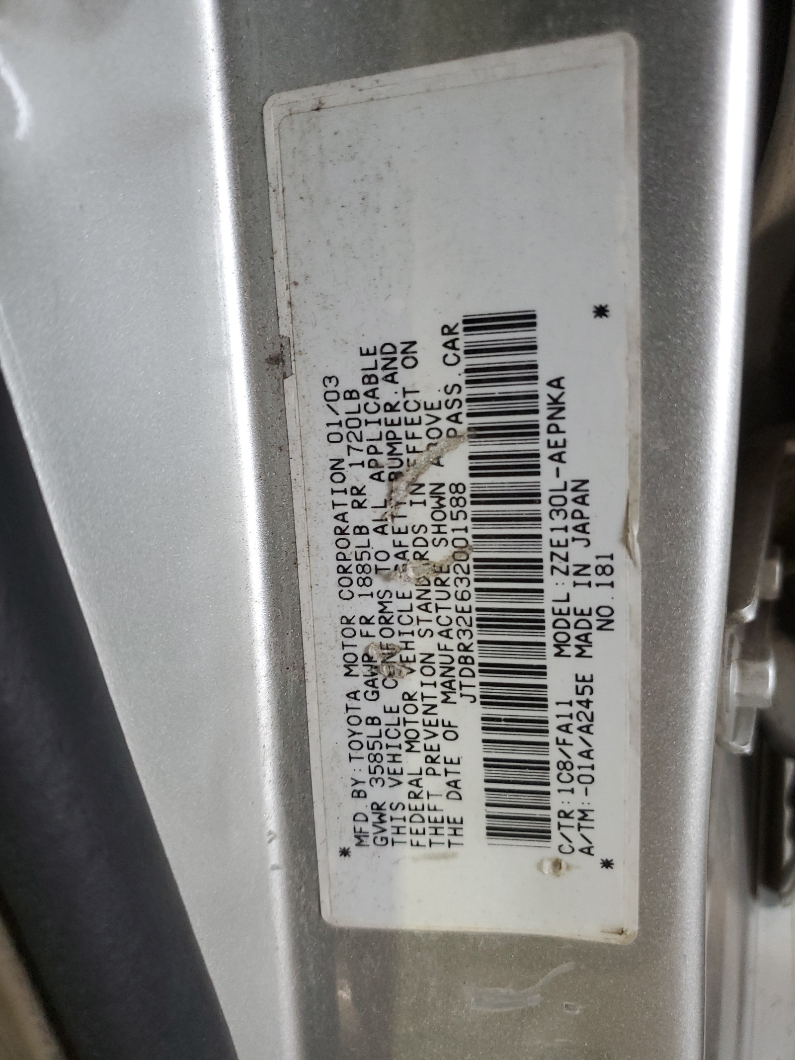 JTDBR32E632001588 2003 Toyota Corolla Ce