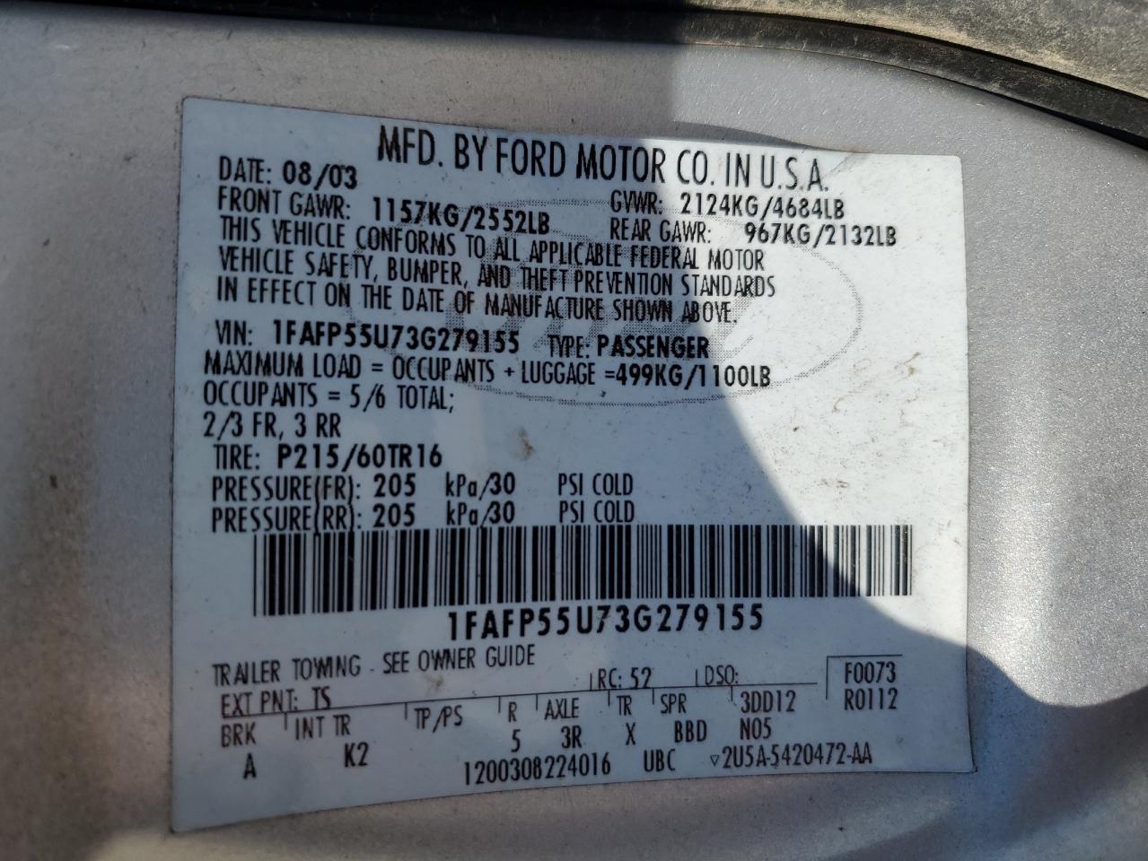 1FAFP55U73G279155 2003 Ford Taurus Ses