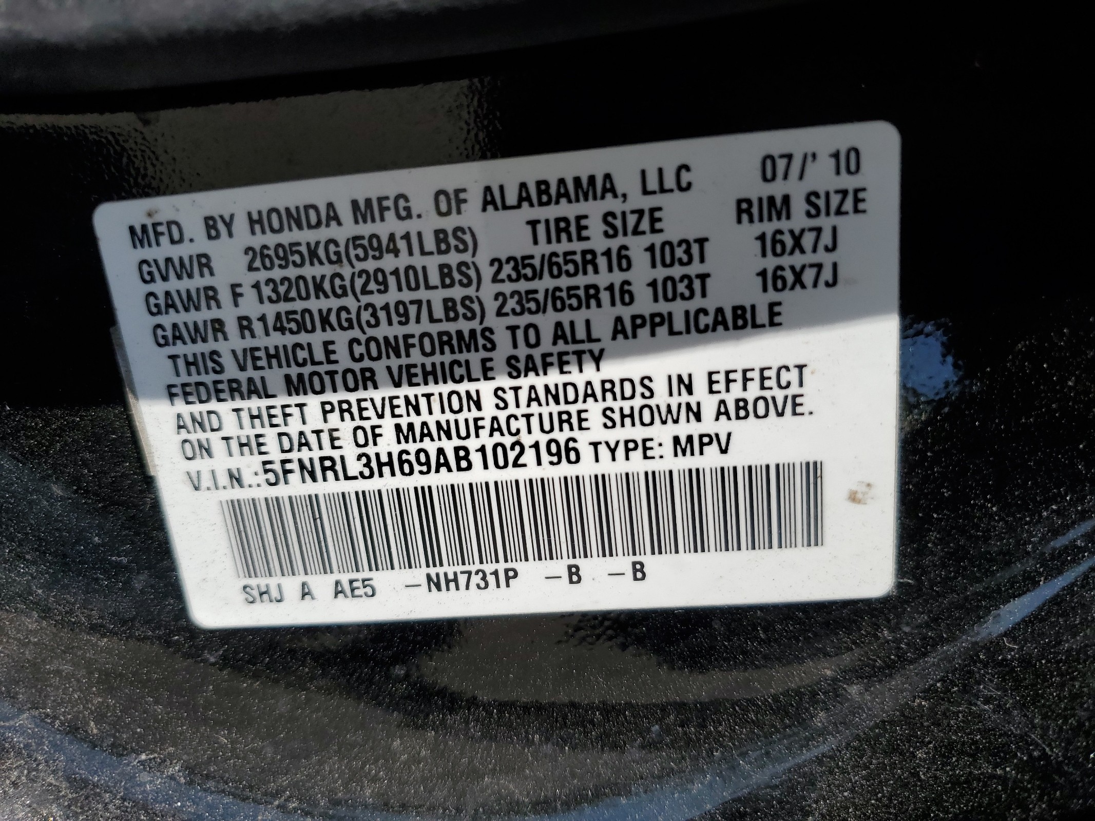 5FNRL3H69AB102196 2010 Honda Odyssey Exl