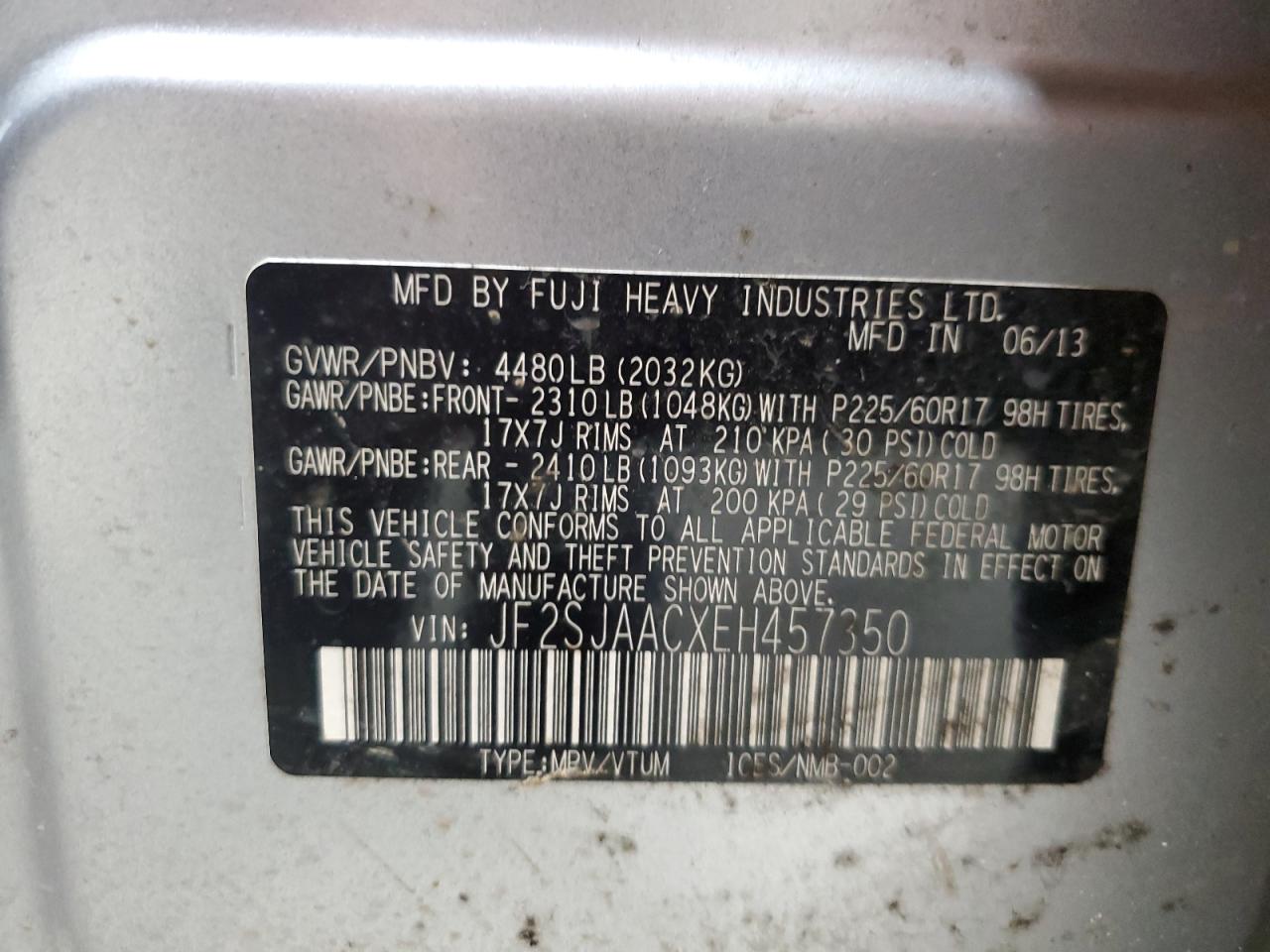 2014 Subaru Forester 2.5I VIN: JF2SJAACXEH457350 Lot: 56454974