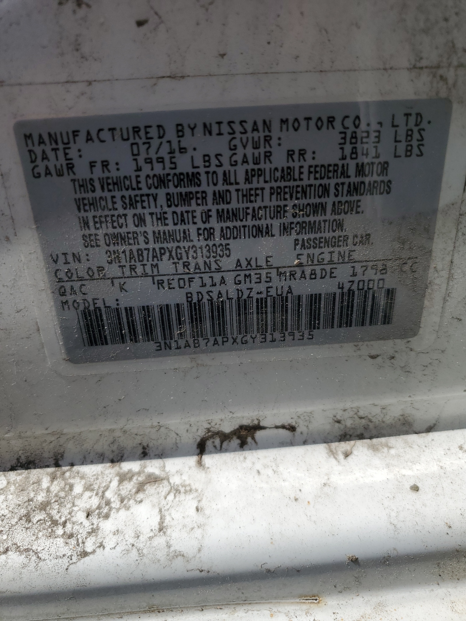 3N1AB7APXGY313935 2016 Nissan Sentra S