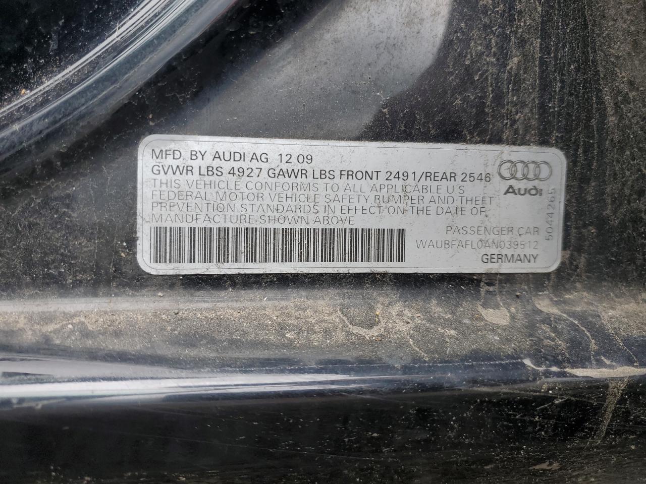 WAUBFAFL0AN039512 2010 Audi A4 Premium