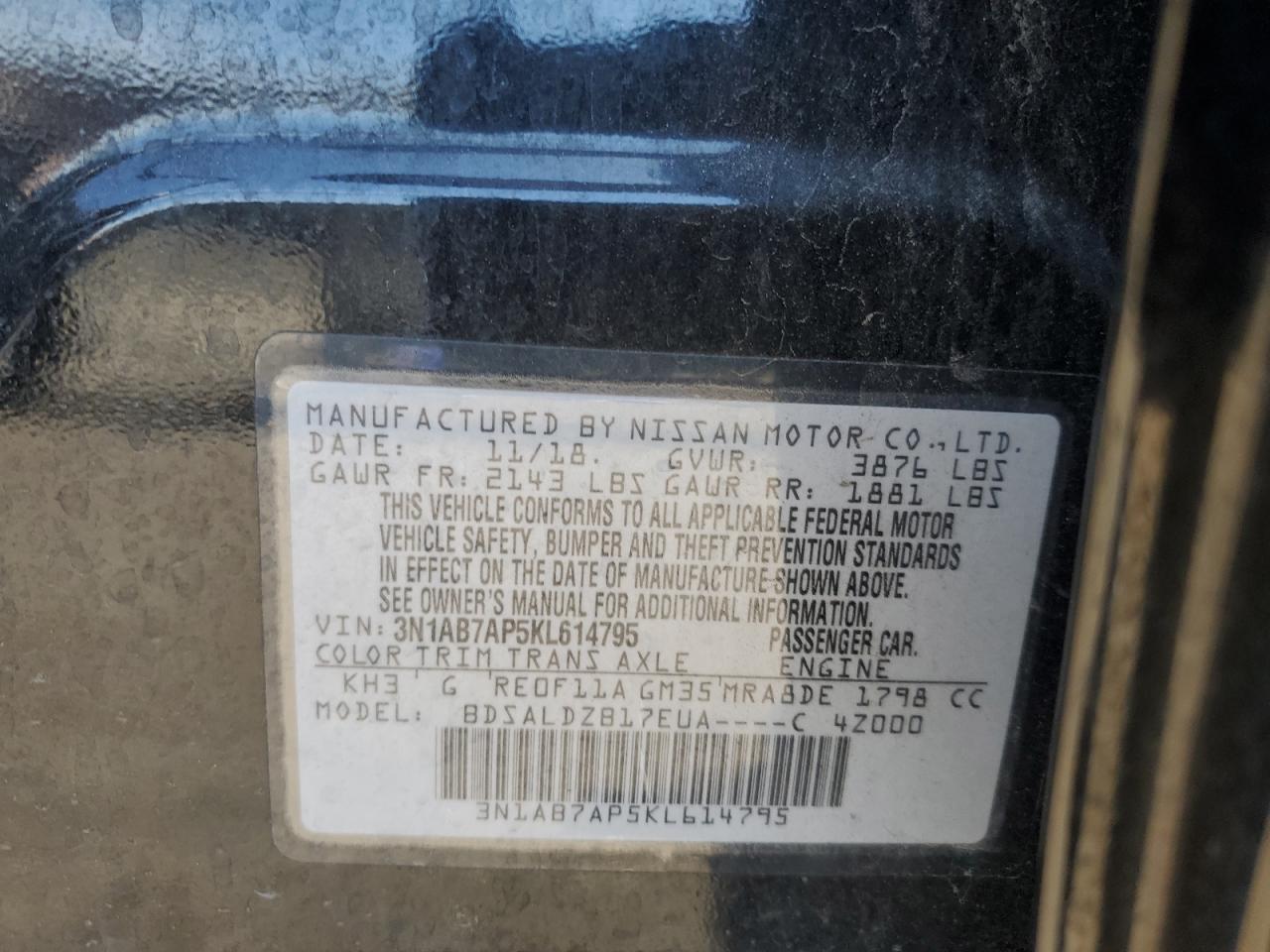 3N1AB7AP5KL614795 2019 Nissan Sentra S