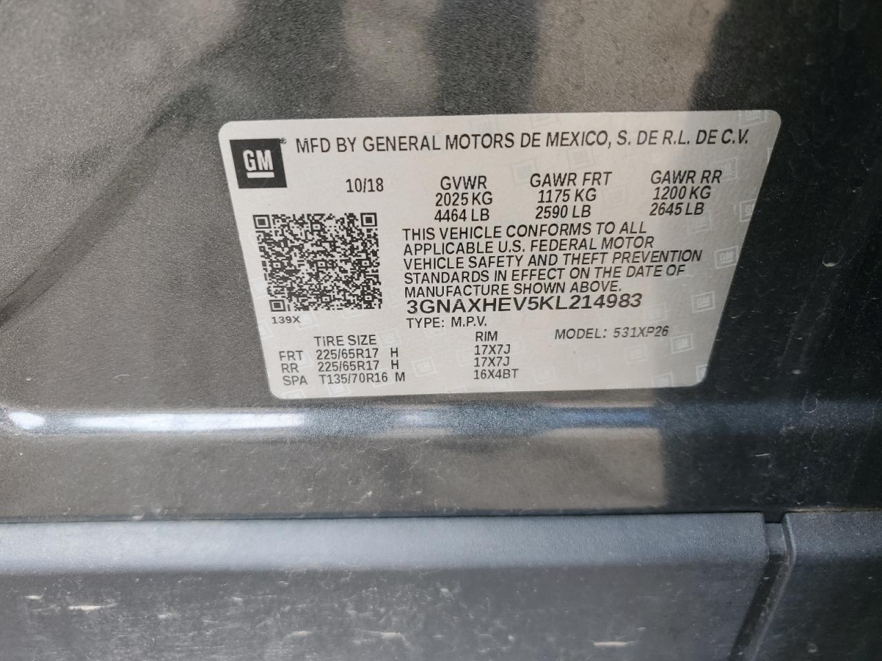 2019 Chevrolet Equinox Ls VIN: 3GNAXHEV5KL214983 Lot: 66700094