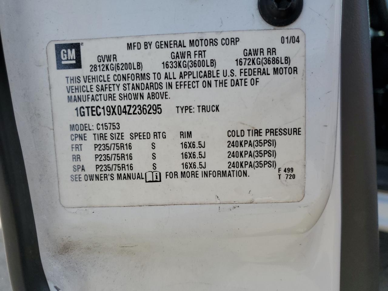 2004 GMC New Sierra C1500 VIN: 1GTEC19X04Z236295 Lot: 56830094
