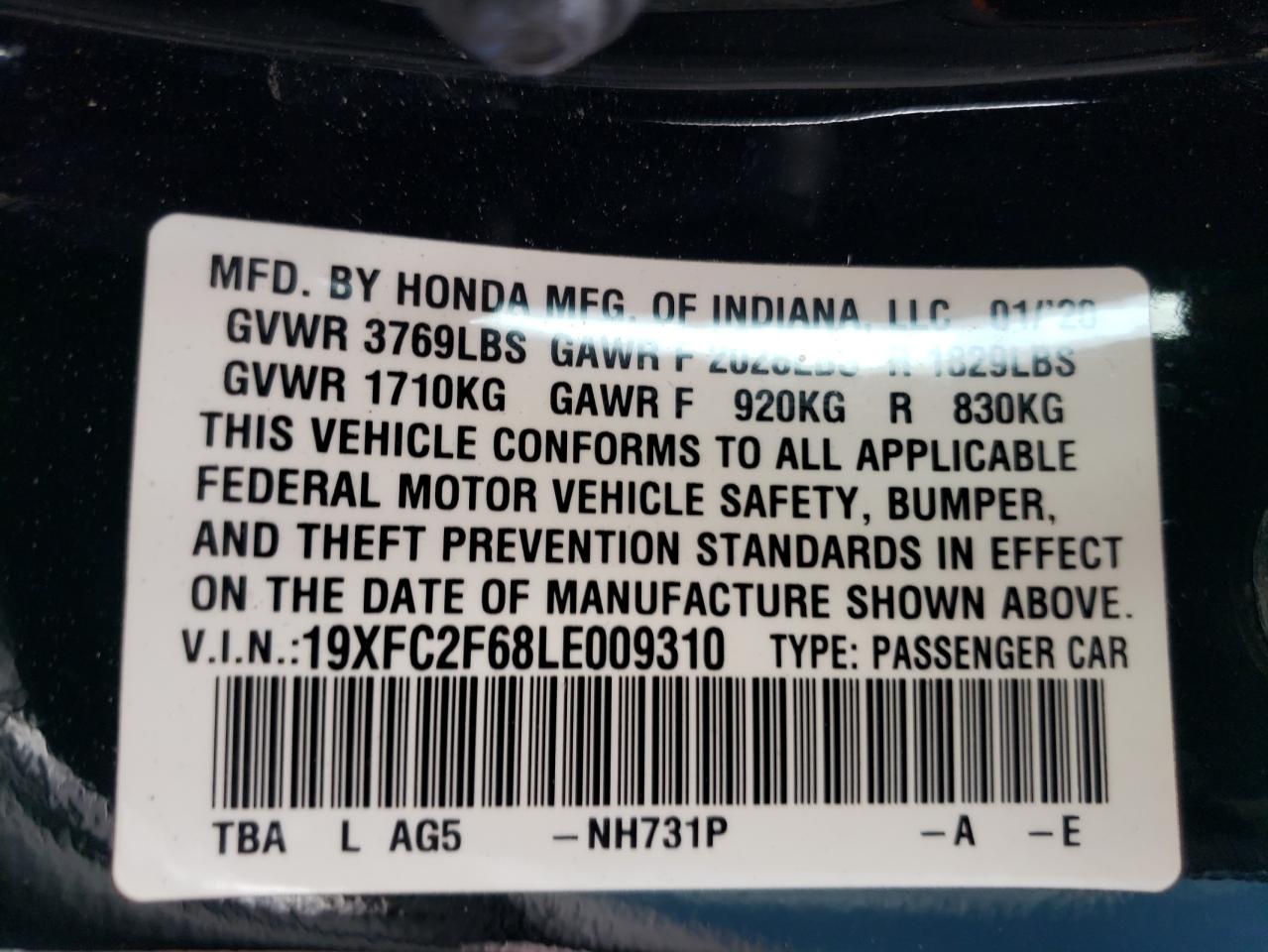 2020 Honda Civic Lx VIN: 19XFC2F68LE009310 Lot: 54712384